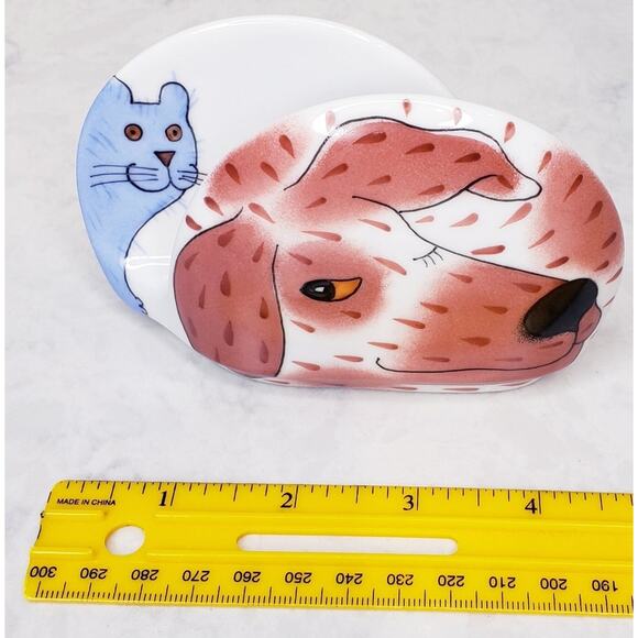? Helina Tilk Handpainted Ceramic Napkin Card Holder Dog and Cat~ Signed in VGUC - Picture 8 of 9
